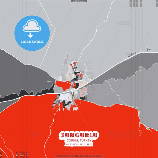 Sungurlu, Çorum, Turkey - modern street map poster template with gray and red tones