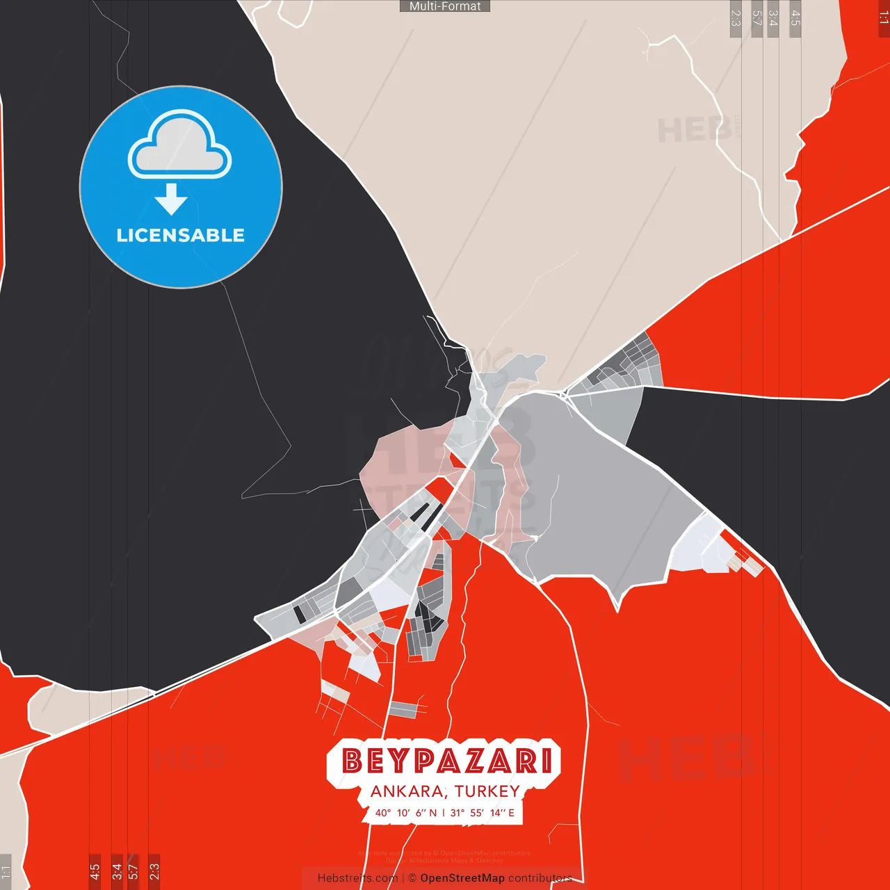Beypazarı, Ankara, Turkey - modern street map poster template with gray and red tones