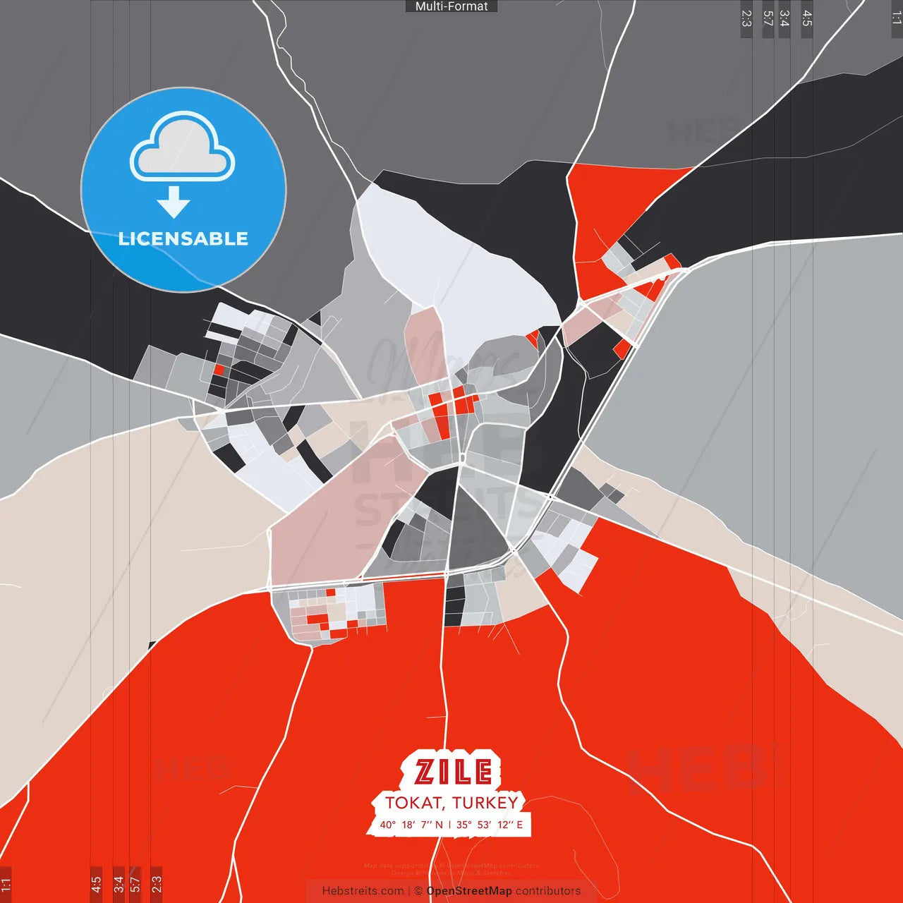 Zile, Tokat, Turkey - modern street map poster template with gray and red tones