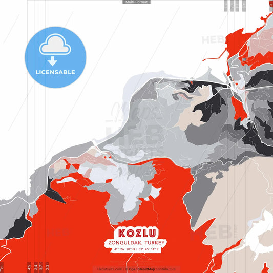 Kozlu, Zonguldak, Turkey - modern street map poster template with gray and red tones