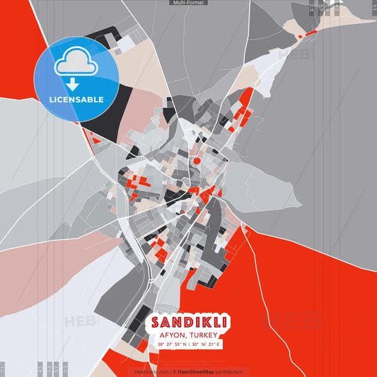 Sandıklı, Afyon, Turkey - modern street map poster template with gray and red tones