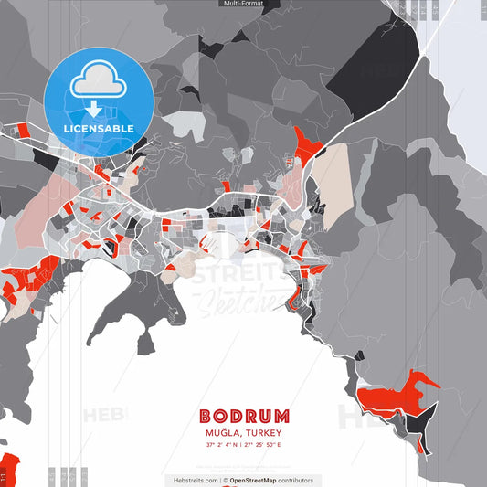 Bodrum, Muğla, Turkey - modern street map poster template with gray and red tones