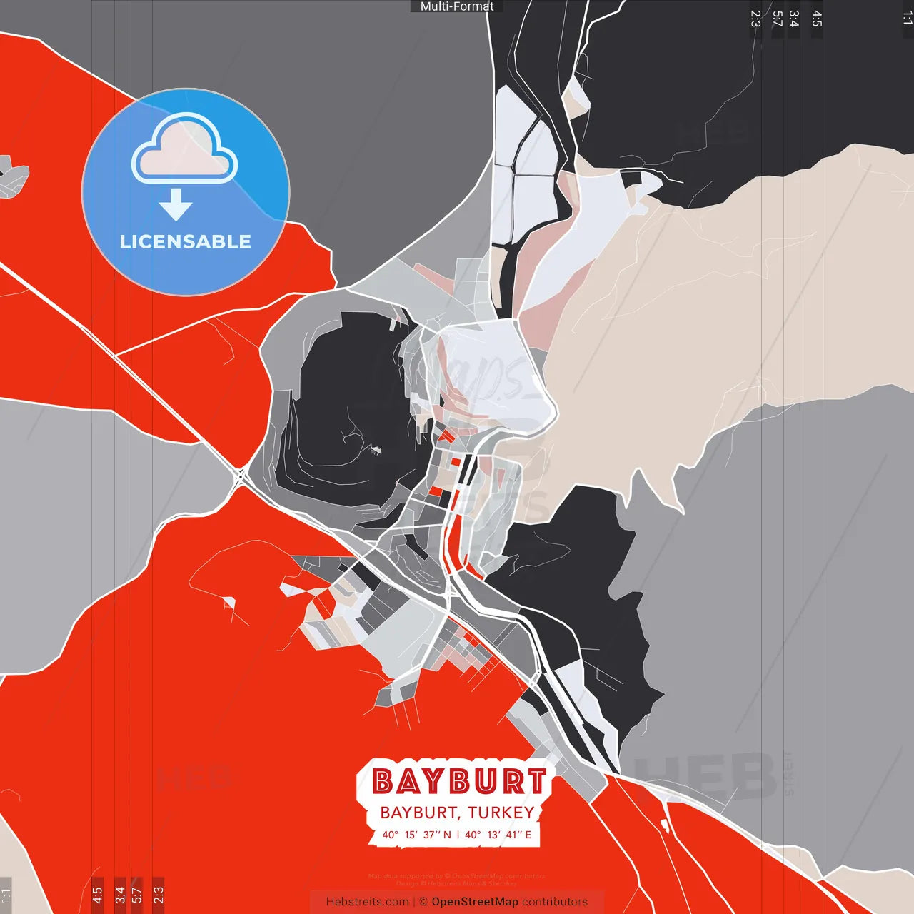 Bayburt, Bayburt, Turkey - modern street map poster template with gray and red tones