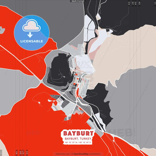 Bayburt, Bayburt, Turkey - modern street map poster template with gray and red tones