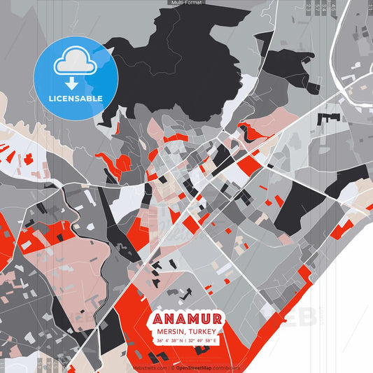 Anamur, Mersin, Turkey - modern street map poster template with gray and red tones