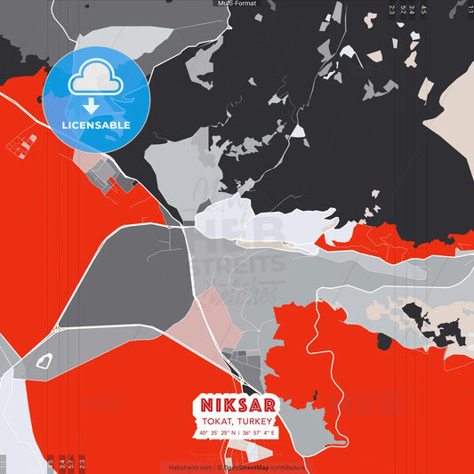 Niksar, Tokat, Turkey - modern street map poster template with gray and red tones
