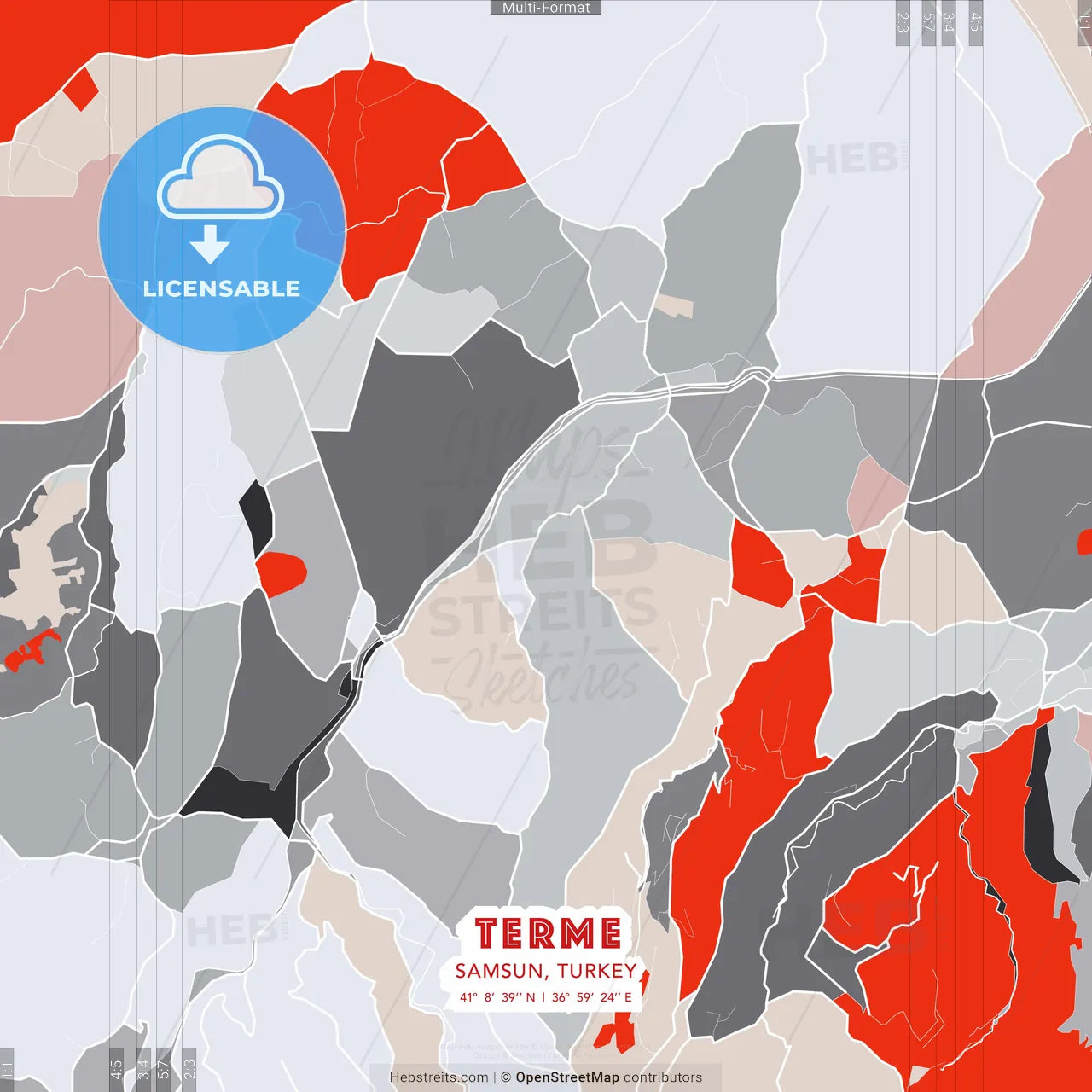 Terme, Samsun, Turkey - modern street map poster template with gray and red tones