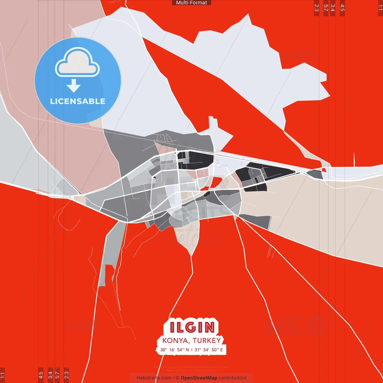 Ilgın, Konya, Turkey - modern street map poster template with gray and red tones