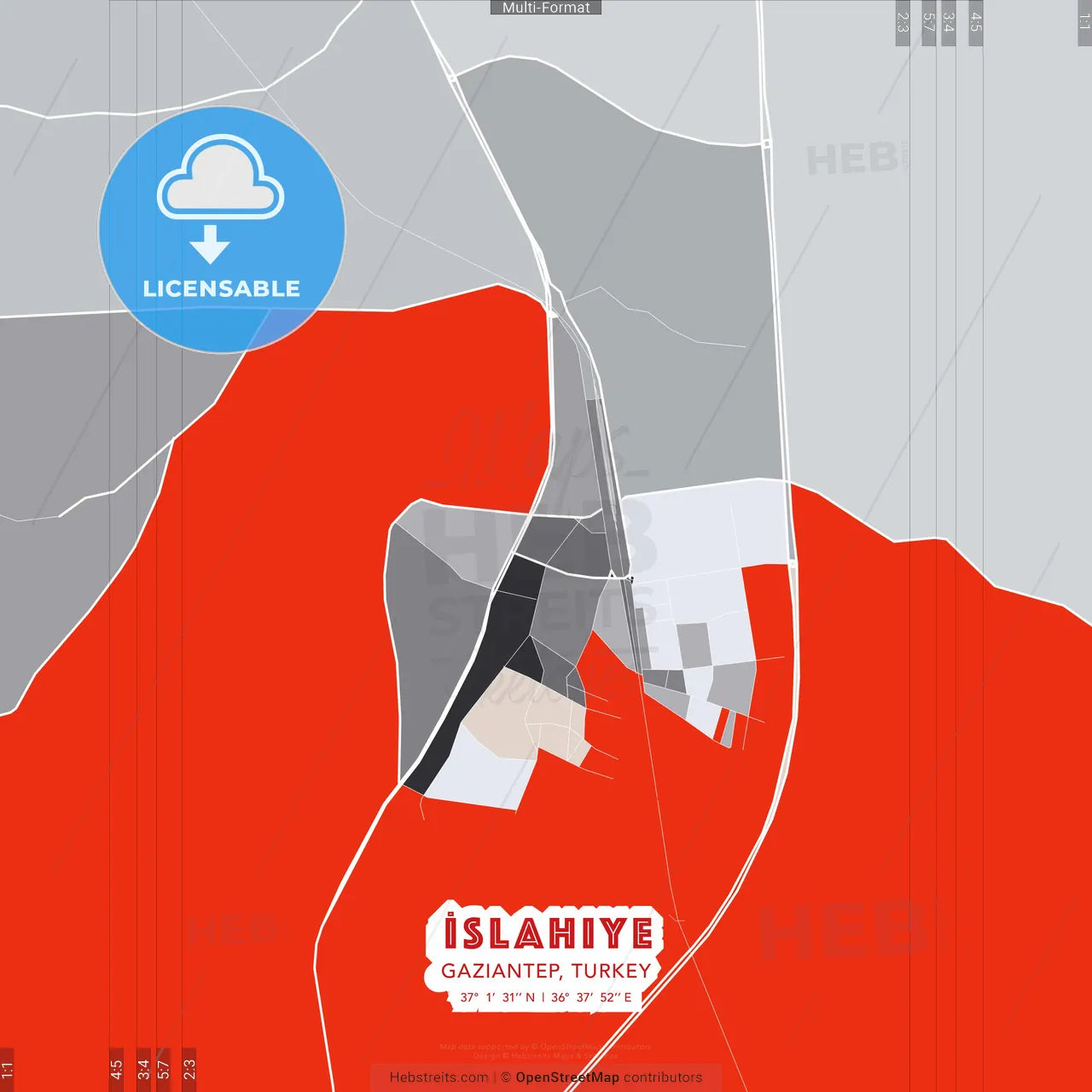 İslahiye, Gaziantep, Turkey - modern street map poster template with gray and red tones