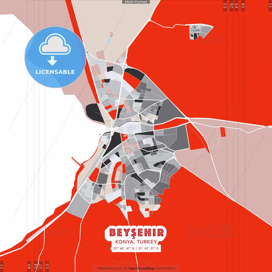 Beyşehir, Konya, Turkey - modern street map poster template with gray and red tones
