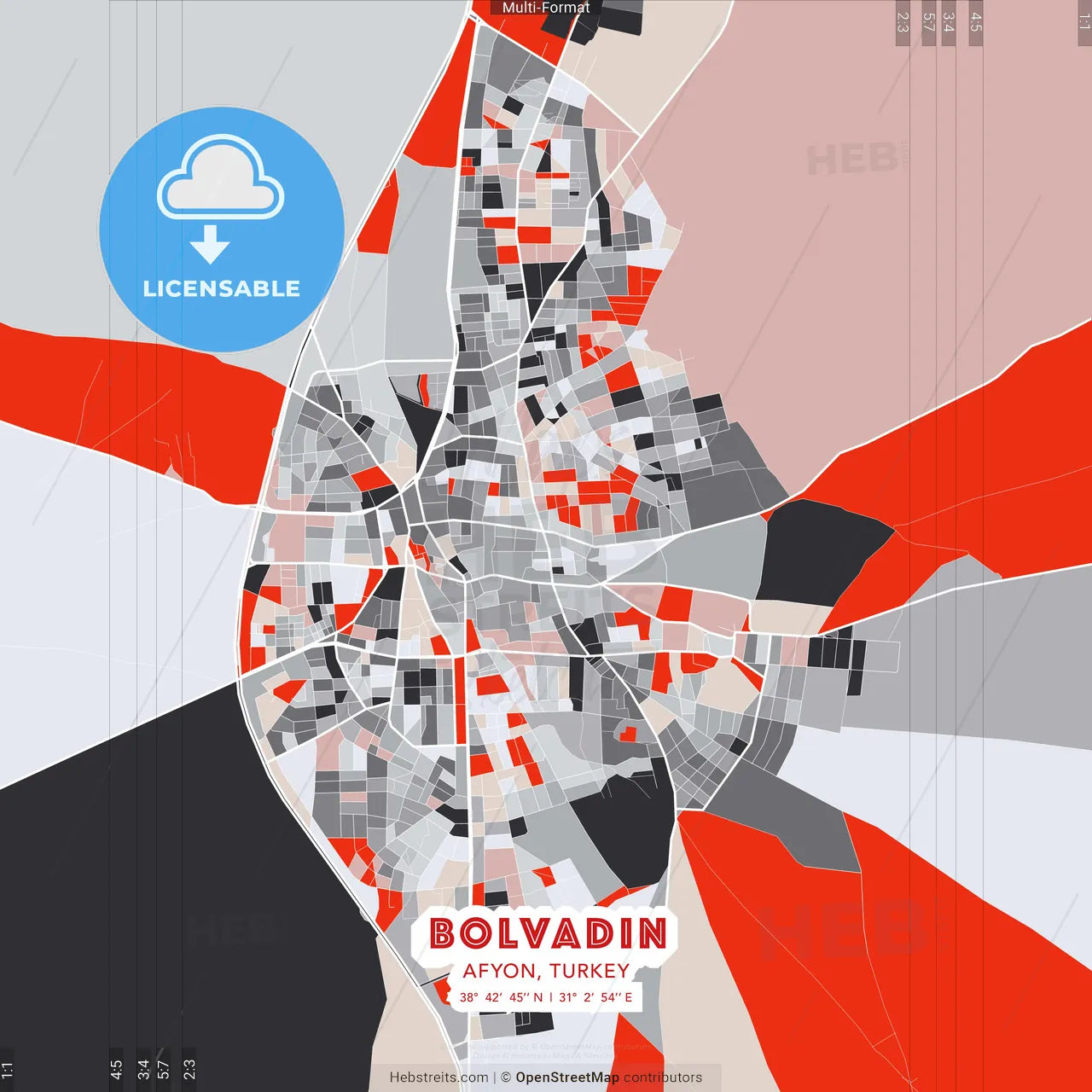 Bolvadin, Afyon, Turkey - modern street map poster template with gray and red tones