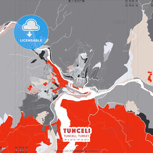 Tunceli, Tunceli, Turkey - modern street map poster template with gray and red tones
