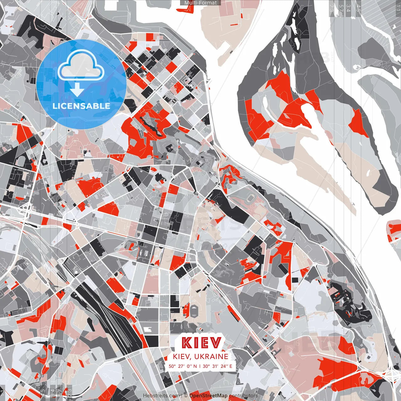 Kyiv, Kyiv, Ukraine - modern street map poster template with gray and red tones