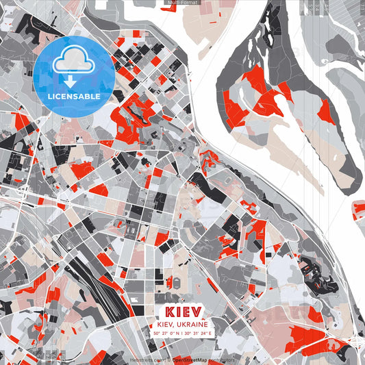 Kyiv, Kyiv, Ukraine - modern street map poster template with gray and red tones