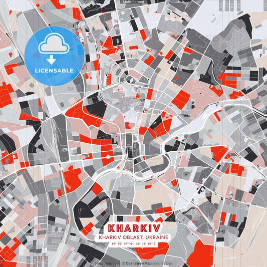 Kharkiv, Kharkiv Oblast, Ukraine - modern street map poster template with gray and red tones