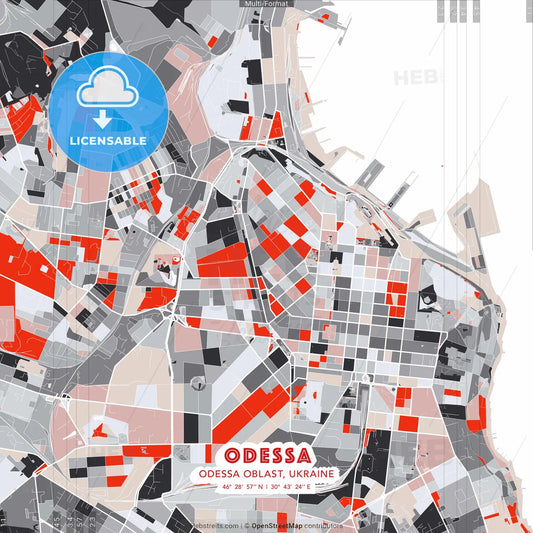 Odessa, Odessa Oblast, Ukraine - modern street map poster template with gray and red tones