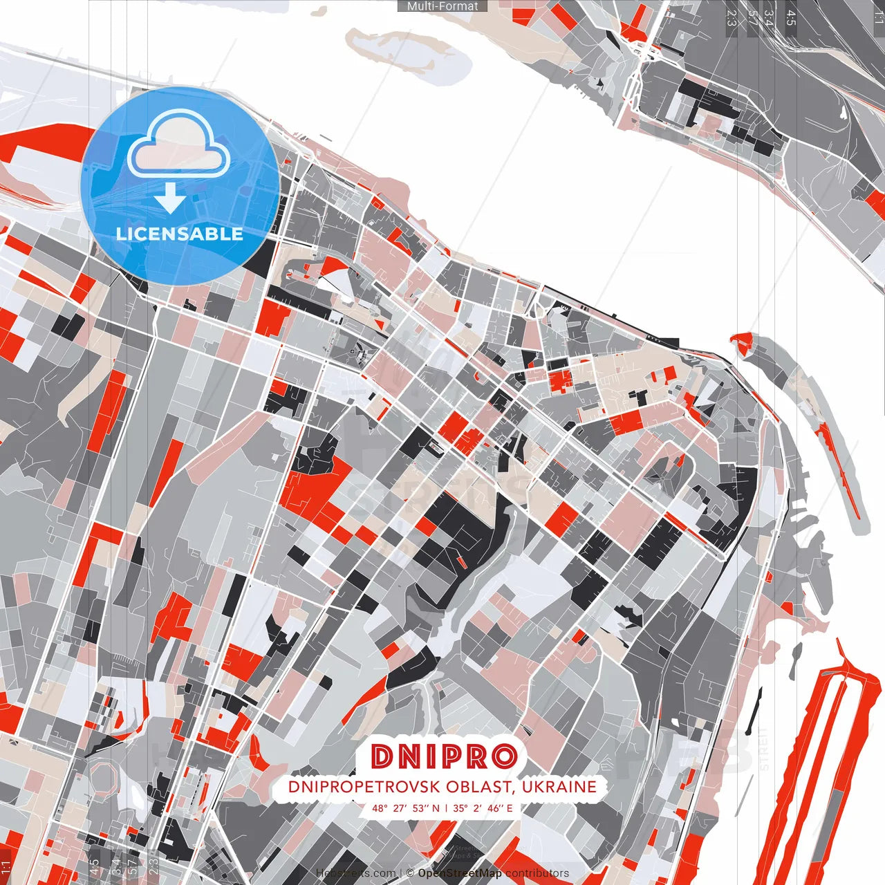 Dnipro, Dnipropetrovsk Oblast, Ukraine - modern street map poster template with gray and red tones