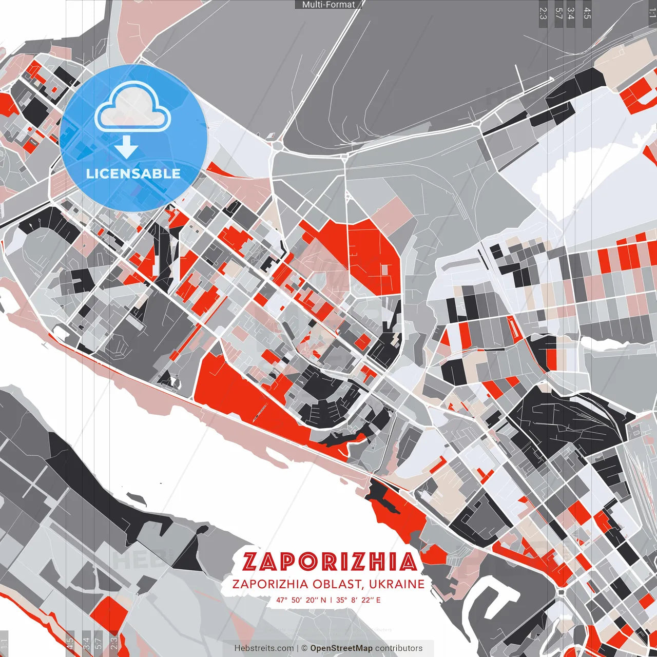 Zaporizhia, Zaporizhia Oblast, Ukraine - modern street map poster template with gray and red tones