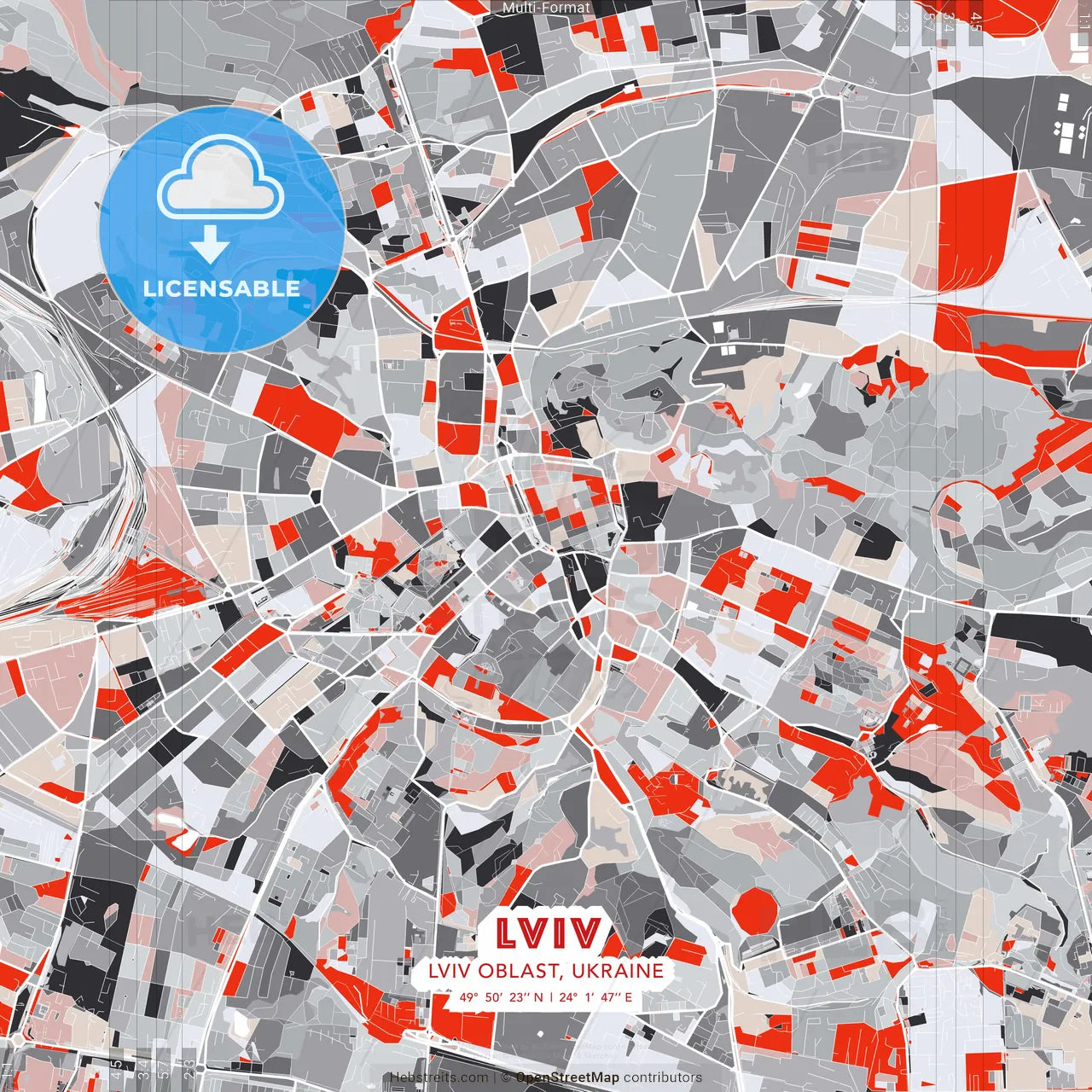 Lviv, Lviv Oblast, Ukraine - modern street map poster template with gray and red tones
