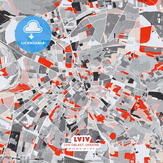 Lviv, Lviv Oblast, Ukraine - modern street map poster template with gray and red tones