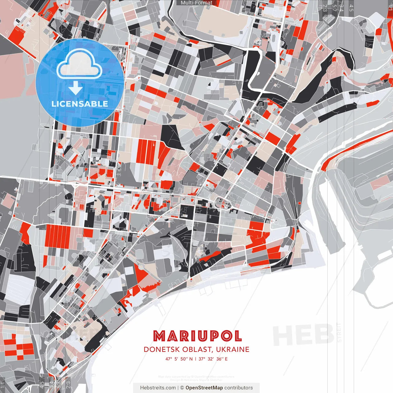 Mariupol, Donetsk Oblast, Ukraine - modern street map poster template with gray and red tones