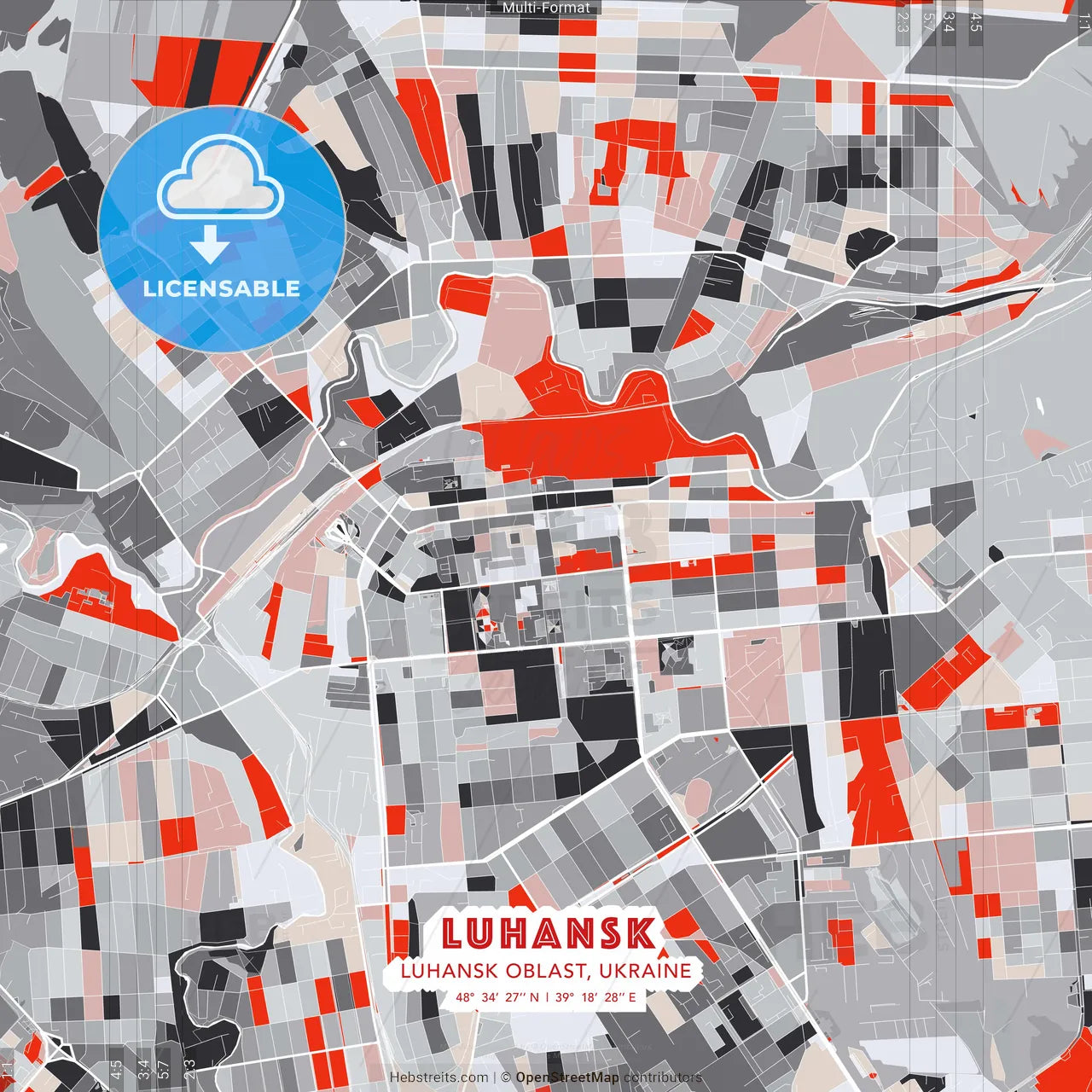 Luhansk, Luhansk Oblast, Ukraine - modern street map poster template with gray and red tones