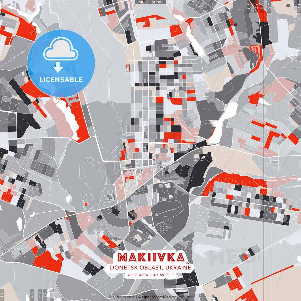 Makiivka, Donetsk Oblast, Ukraine - modern street map poster template with gray and red tones