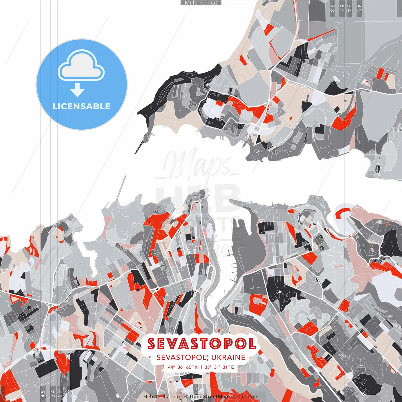 Sevastopol, Sevastopol, Ukraine - modern street map poster template with gray and red tones