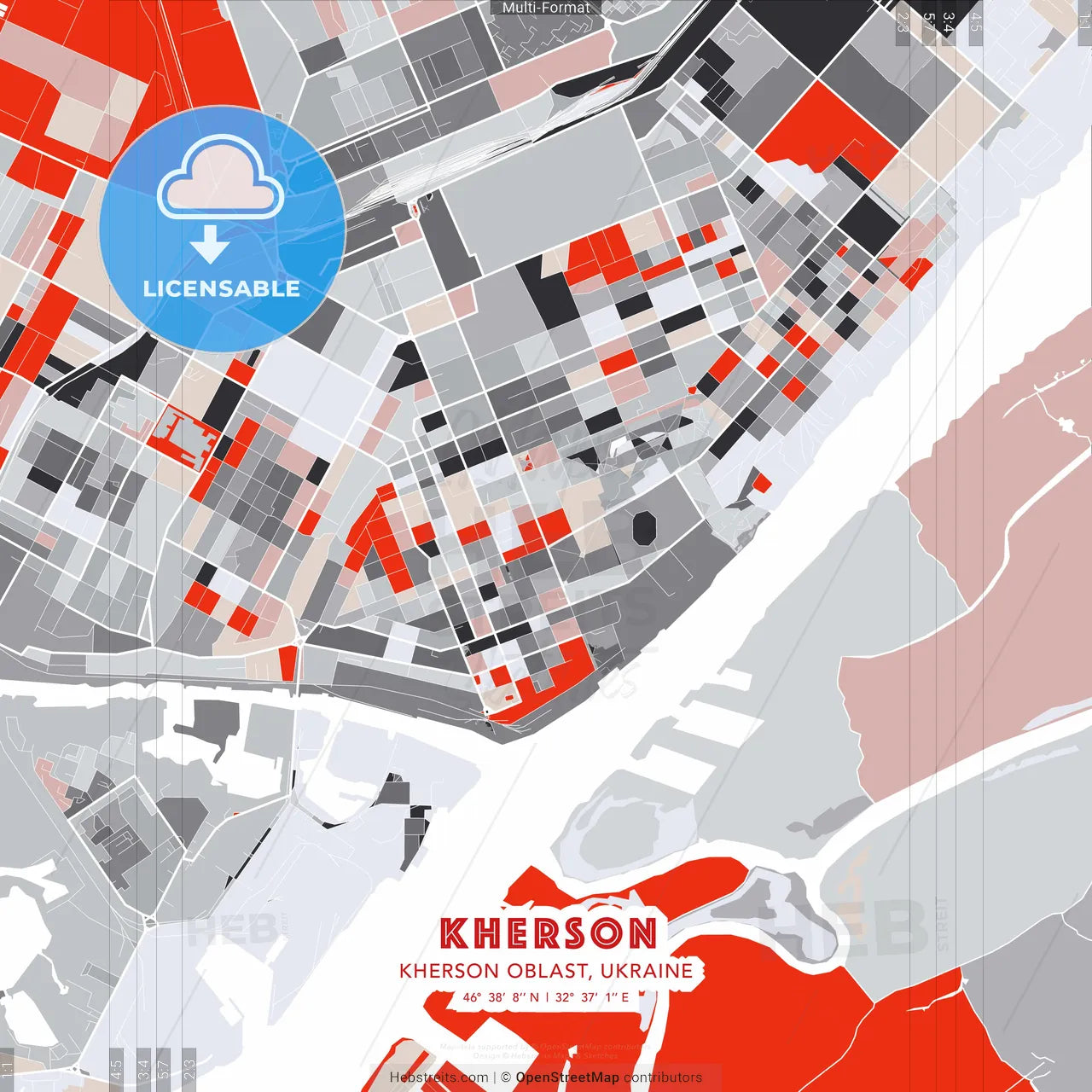 Kherson, Kherson Oblast, Ukraine - modern street map poster template with gray and red tones
