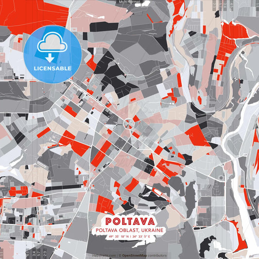 Poltava, Poltava Oblast, Ukraine - modern street map poster template with gray and red tones