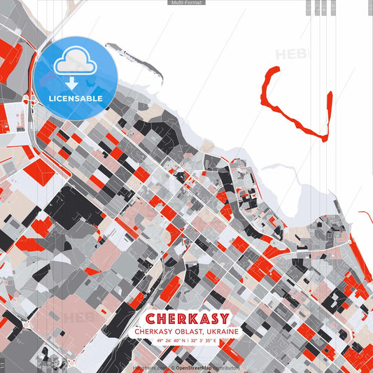 Cherkasy, Cherkasy Oblast, Ukraine - modern street map poster template with gray and red tones