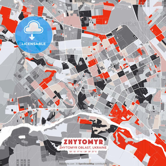 Zhytomyr, Zhytomyr Oblast, Ukraine - modern street map poster template with gray and red tones