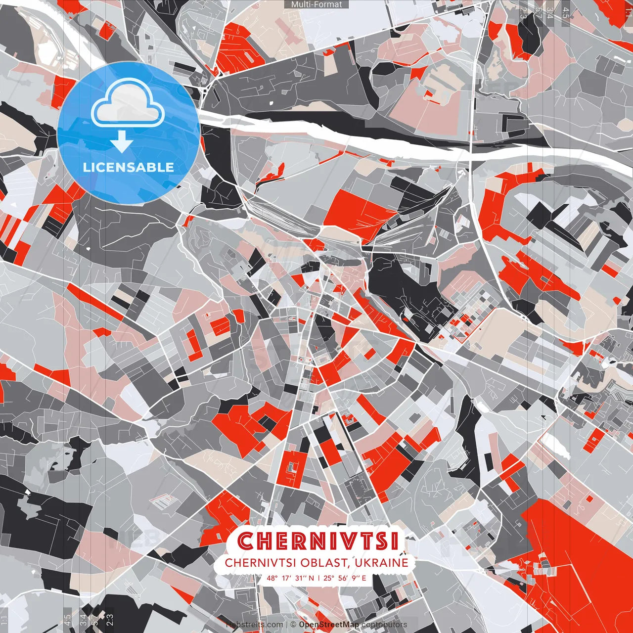 Chernivtsi, Chernivtsi Oblast, Ukraine - modern street map poster template with gray and red tones