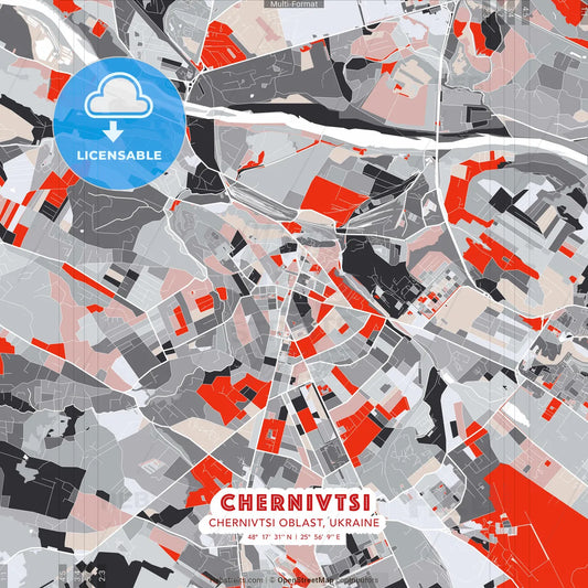 Chernivtsi, Chernivtsi Oblast, Ukraine - modern street map poster template with gray and red tones