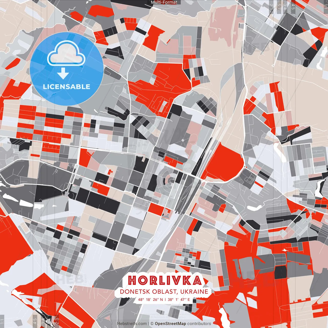 Horlivka, Donetsk Oblast, Ukraine - modern street map poster template with gray and red tones