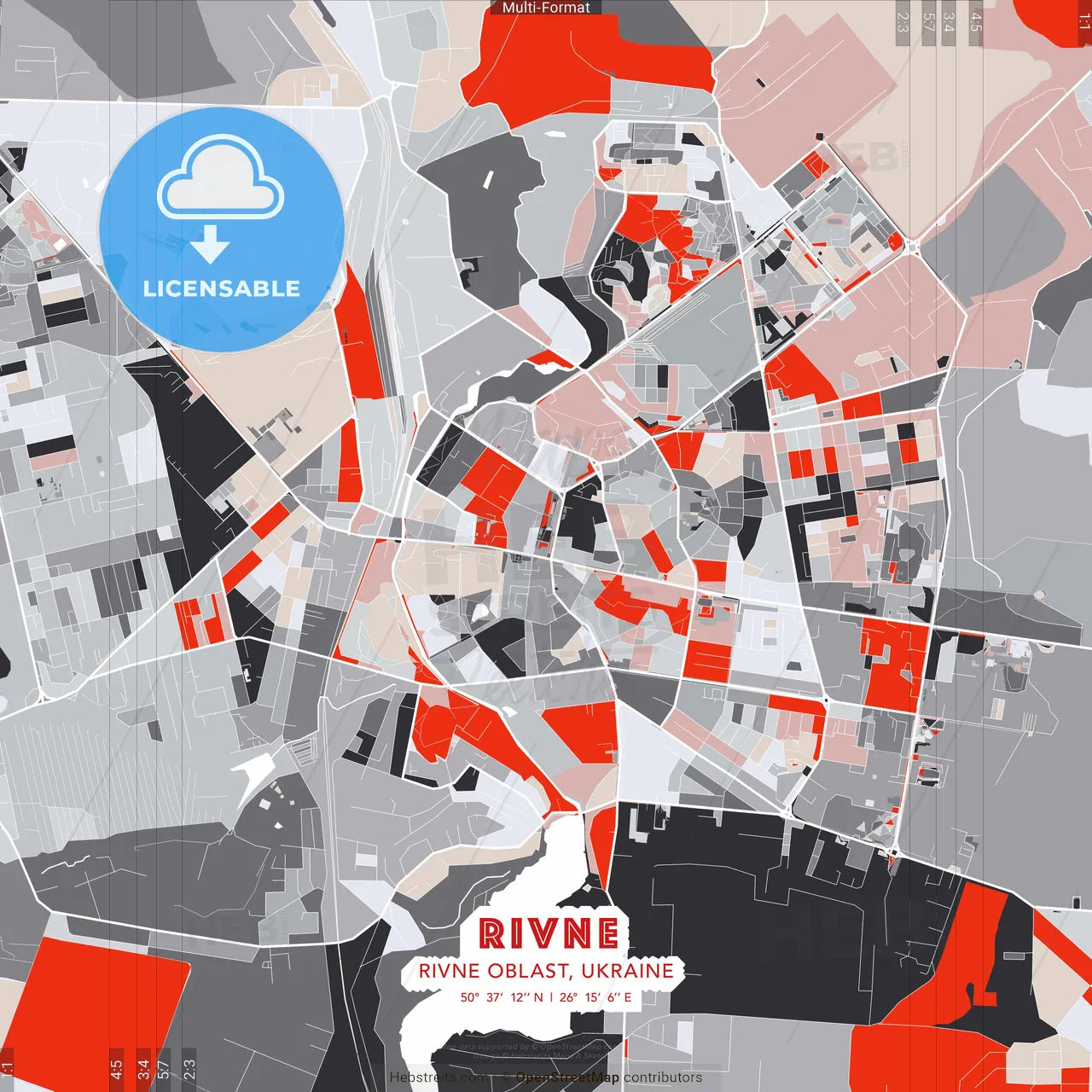 Rivne, Rivne Oblast, Ukraine - modern street map poster template with gray and red tones
