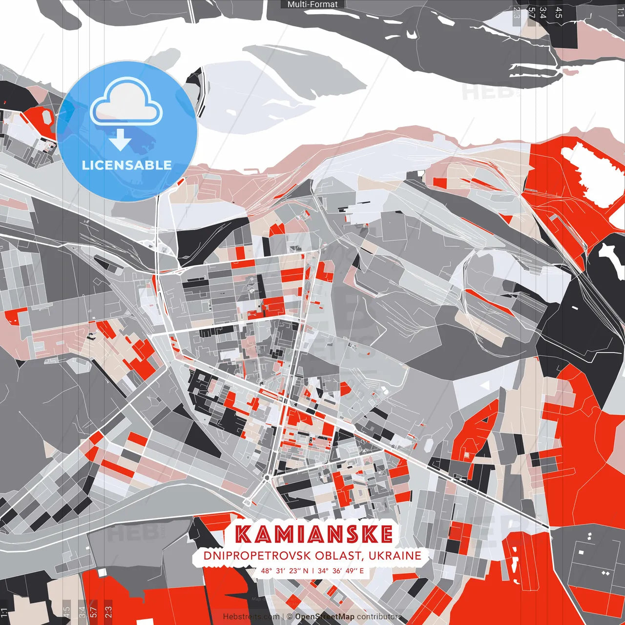 Kamianske, Dnipropetrovsk Oblast, Ukraine - modern street map poster template with gray and red tones