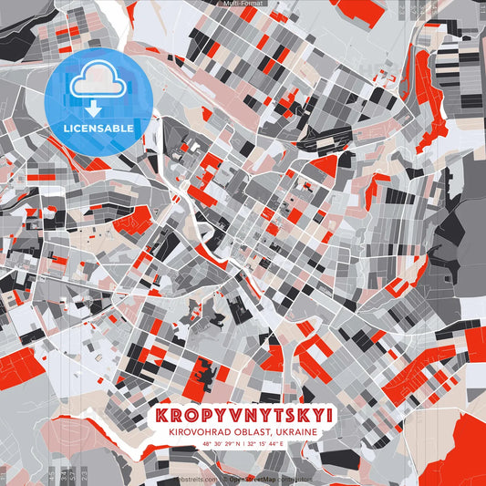 Kropyvnytskyi, Kirovohrad Oblast, Ukraine - modern street map poster template with gray and red tones