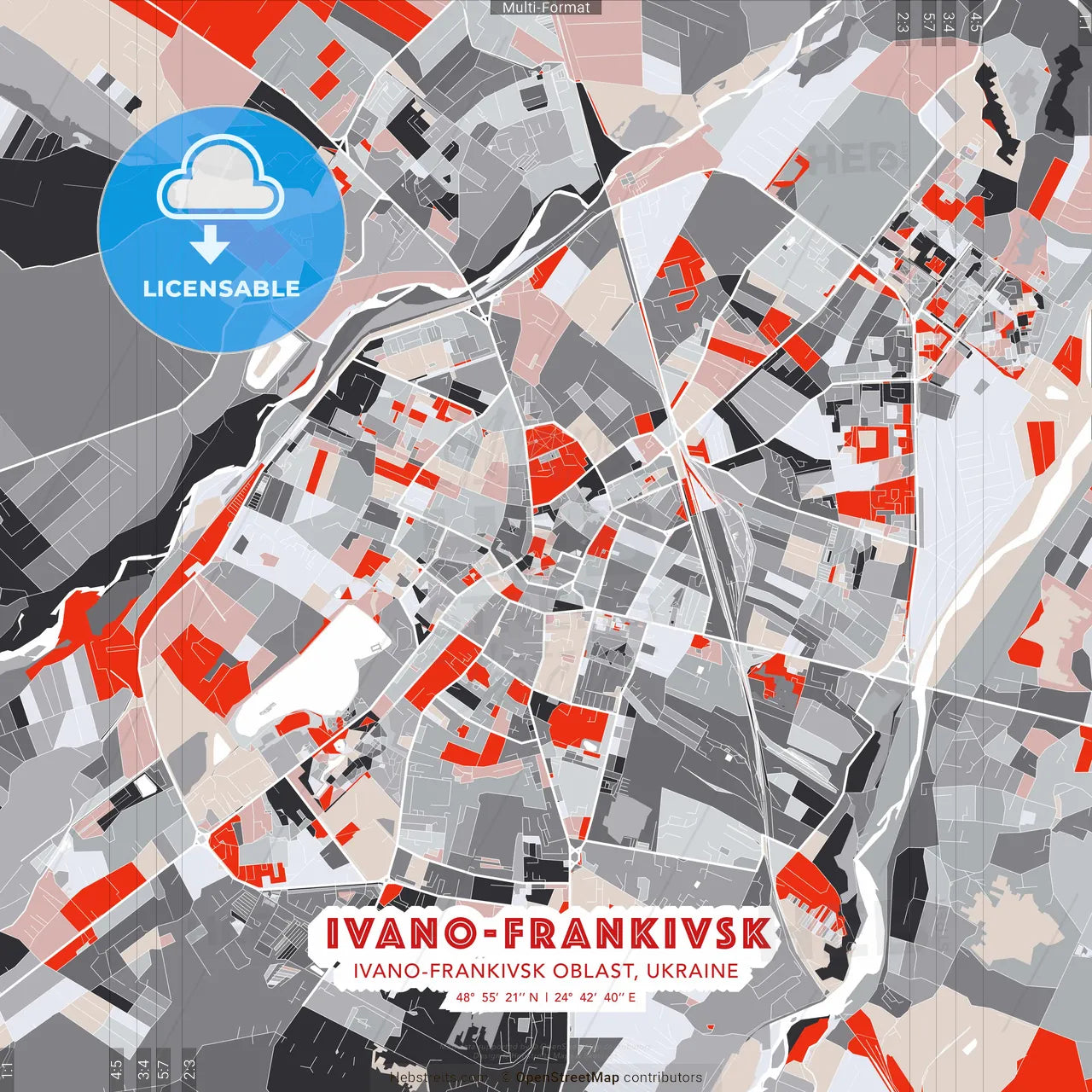 Ivano-Frankivsk, Ivano-Frankivsk Oblast, Ukraine - modern street map poster template with gray and red tones