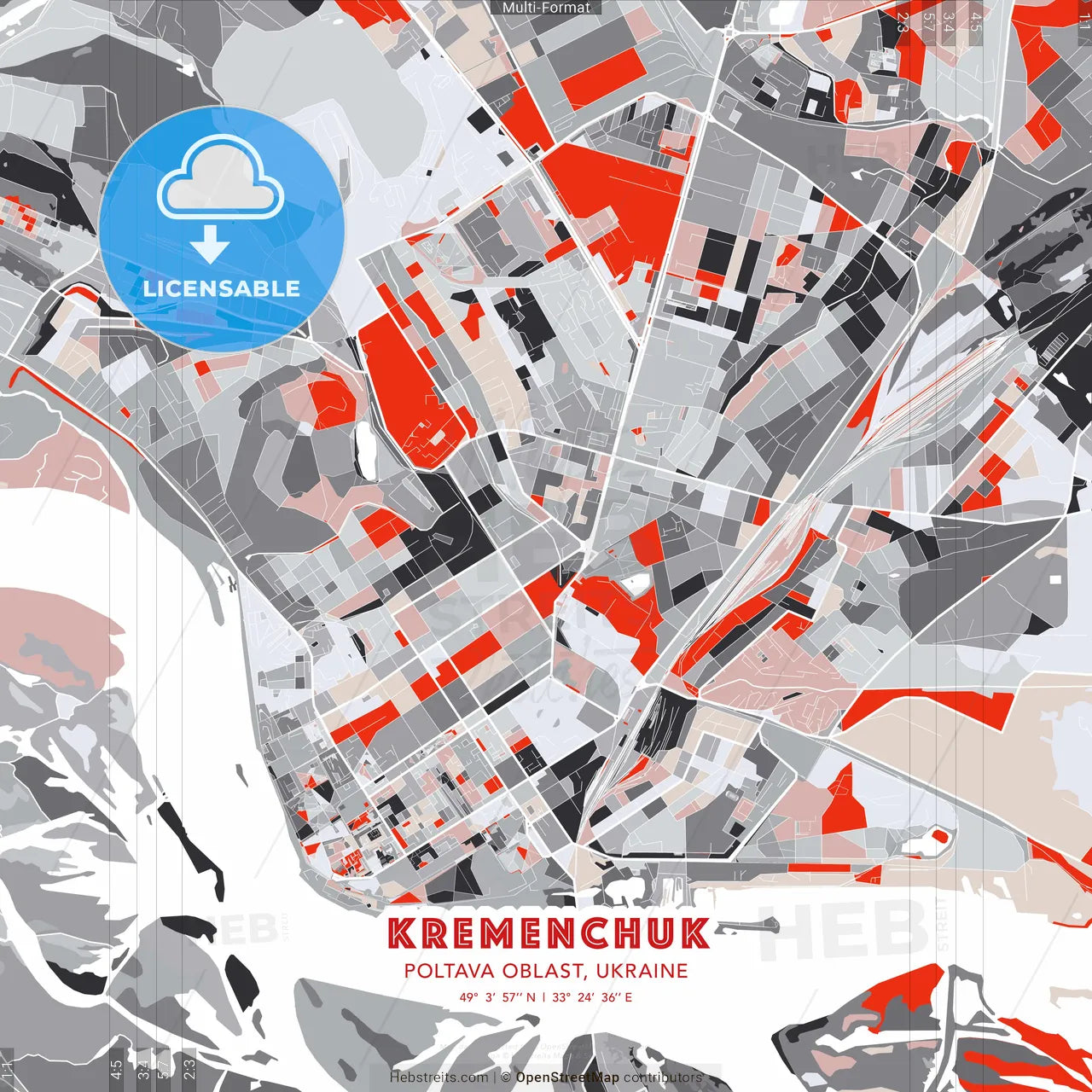 Kremenchuk, Poltava Oblast, Ukraine - modern street map poster template with gray and red tones