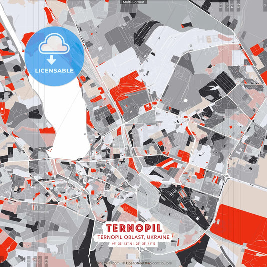 Ternopil, Ternopil Oblast, Ukraine - modern street map poster template with gray and red tones