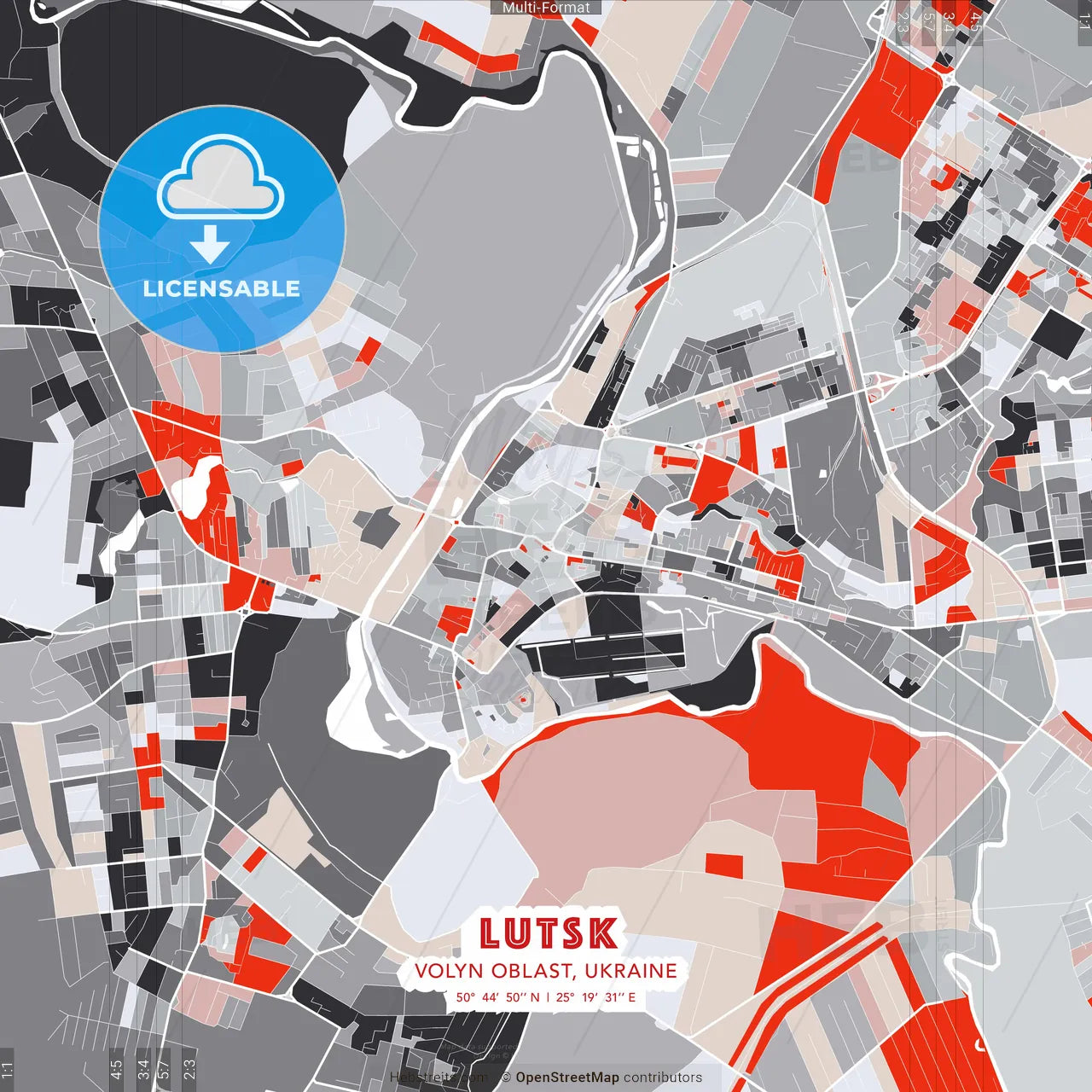 Lutsk, Volyn Oblast, Ukraine - modern street map poster template with gray and red tones