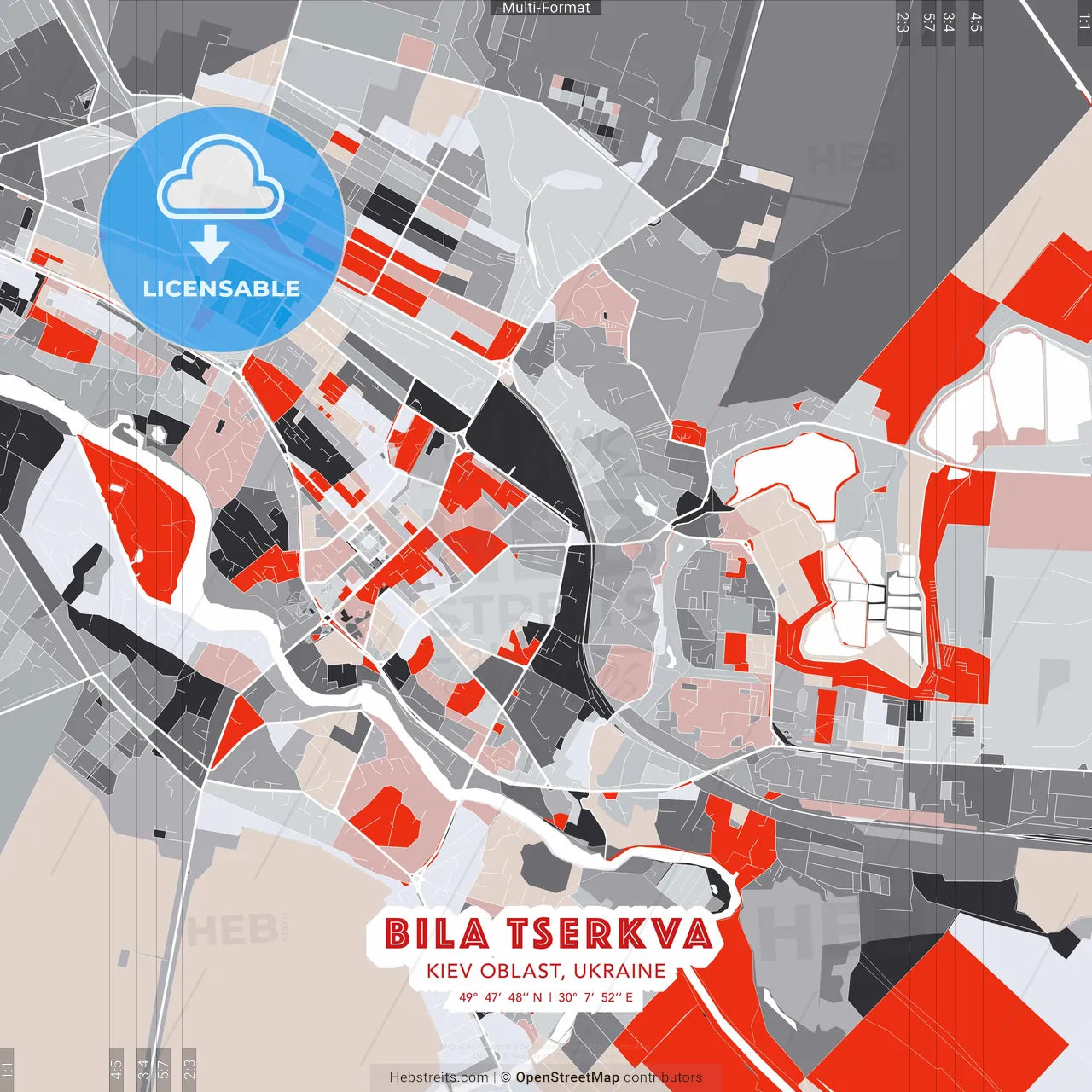 Bila Tserkva, Kyiv Oblast, Ukraine - modern street map poster template with gray and red tones