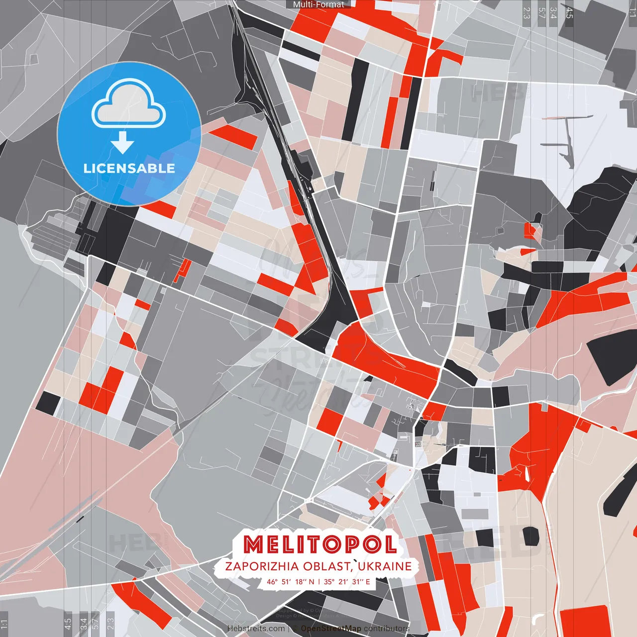 Melitopol, Zaporizhia Oblast, Ukraine - modern street map poster template with gray and red tones