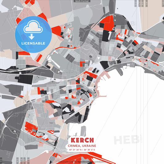 Kerch, Crimea, Ukraine - modern street map poster template with gray and red tones
