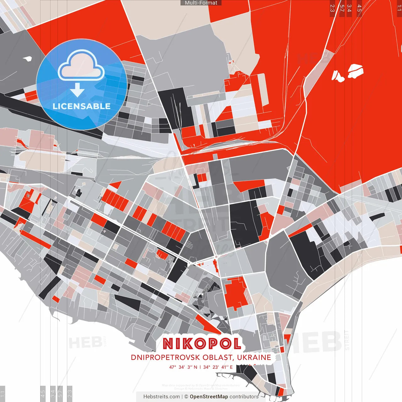 Nikopol, Dnipropetrovsk Oblast, Ukraine - modern street map poster template with gray and red tones