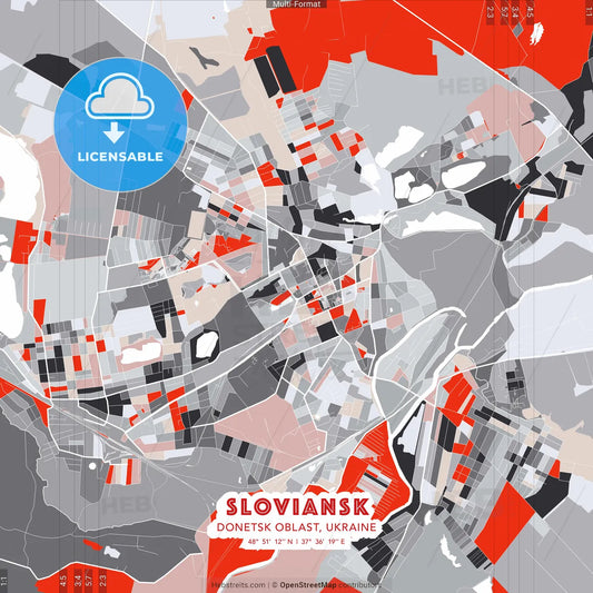 Sloviansk, Donetsk Oblast, Ukraine - modern street map poster template with gray and red tones