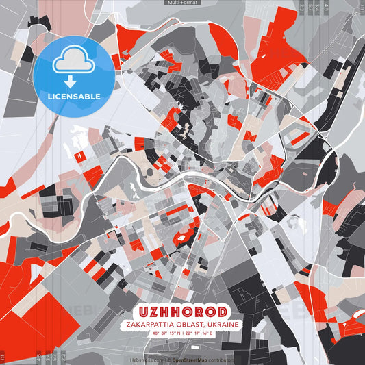 Uzhhorod, Zakarpattia Oblast, Ukraine - modern street map poster template with gray and red tones