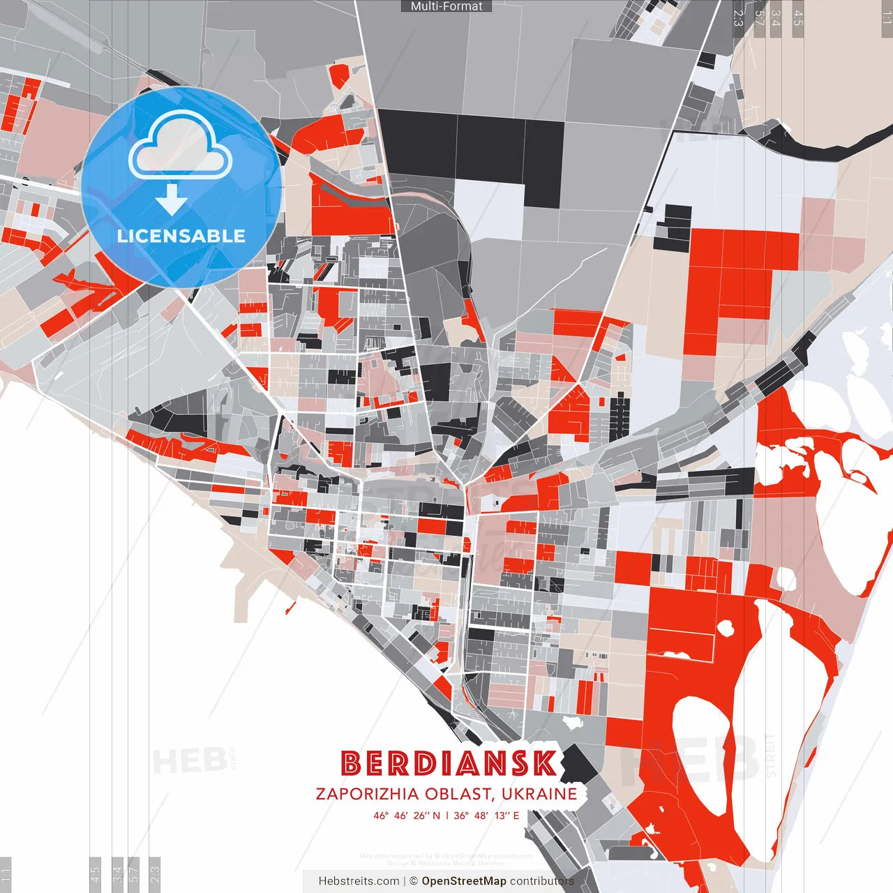 Berdiansk, Zaporizhia Oblast, Ukraine - modern street map poster template with gray and red tones
