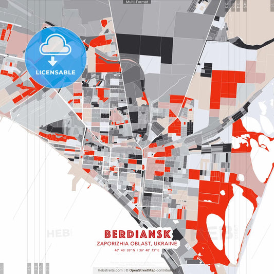 Berdiansk, Zaporizhia Oblast, Ukraine - modern street map poster template with gray and red tones
